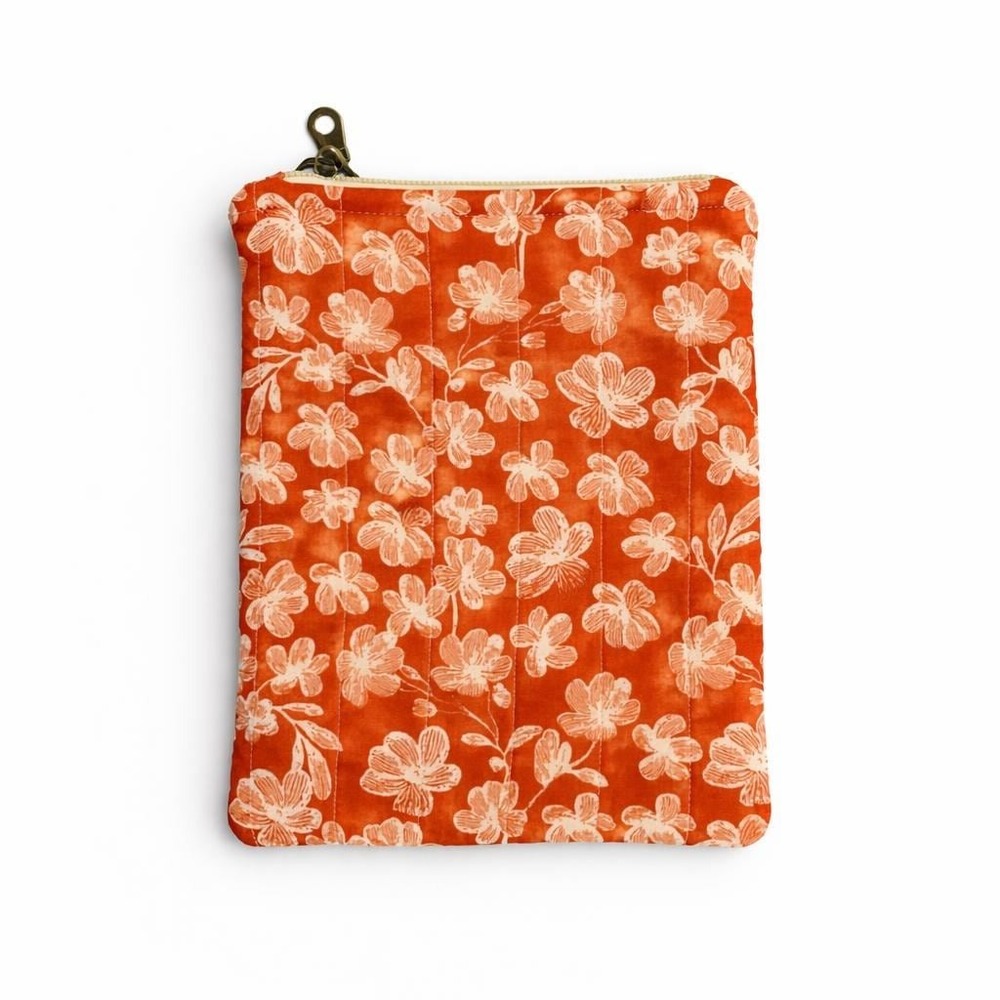 Rustic Orange Floral Zipper‎ Pouch, Small Makeup Bag, Handmade Fabric Pouch